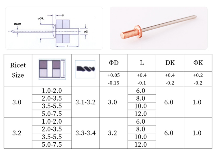 圓頭封閉銅不銹鋼抽芯鉚釘規(guī)格圖